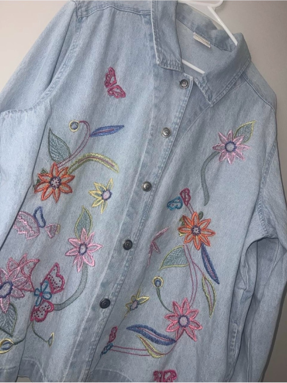 White Stag Light Wash Denim Jacket with Multicolor Floral Embroidery